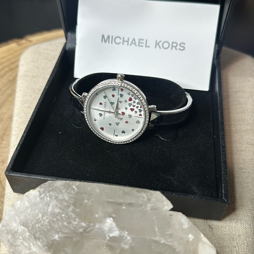 Michael Kors Jaryn Silver Toned Heart Watch with Box & Mini Booklet